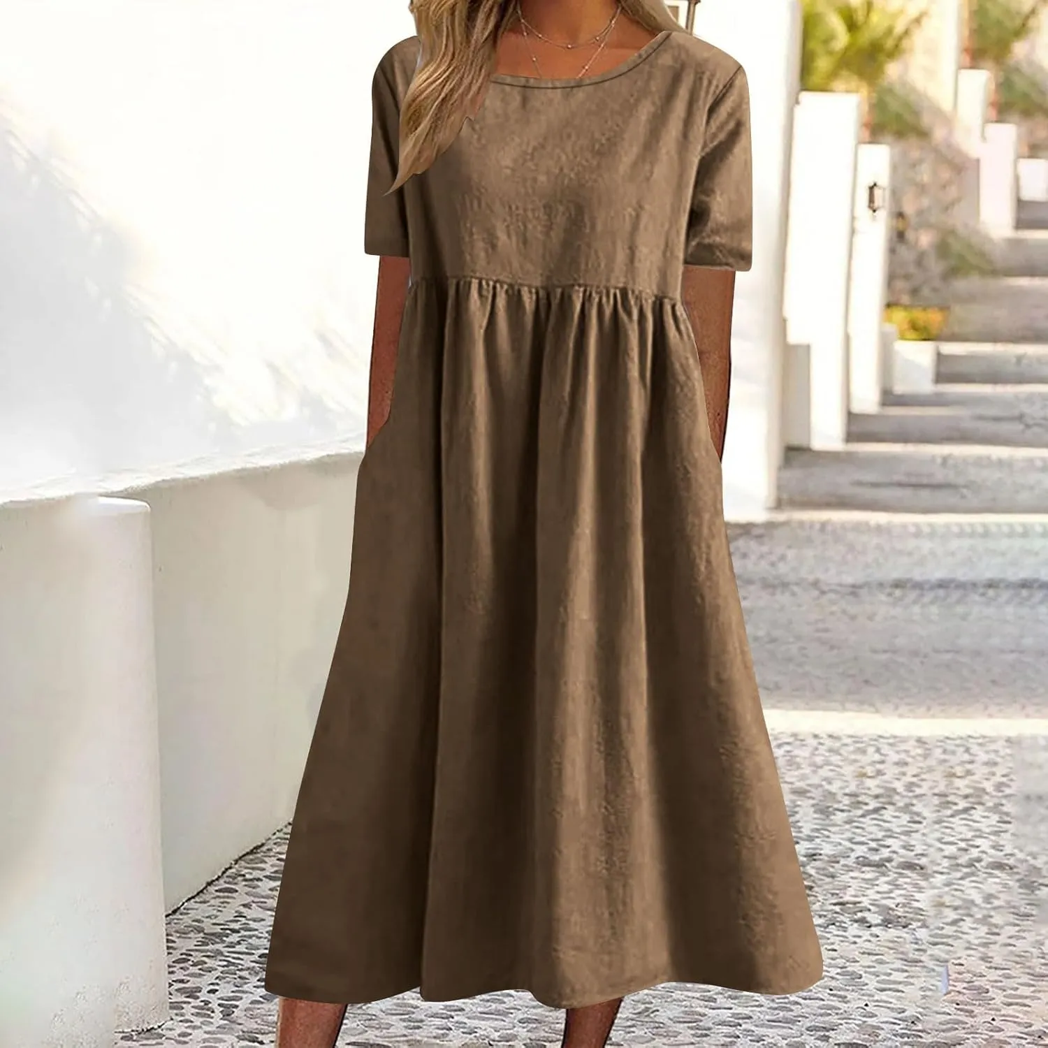 Women's Summer Solid Color Crewneck Casual Dresses Adjustable Waist Pockets Short Sleeve A-Line Dress