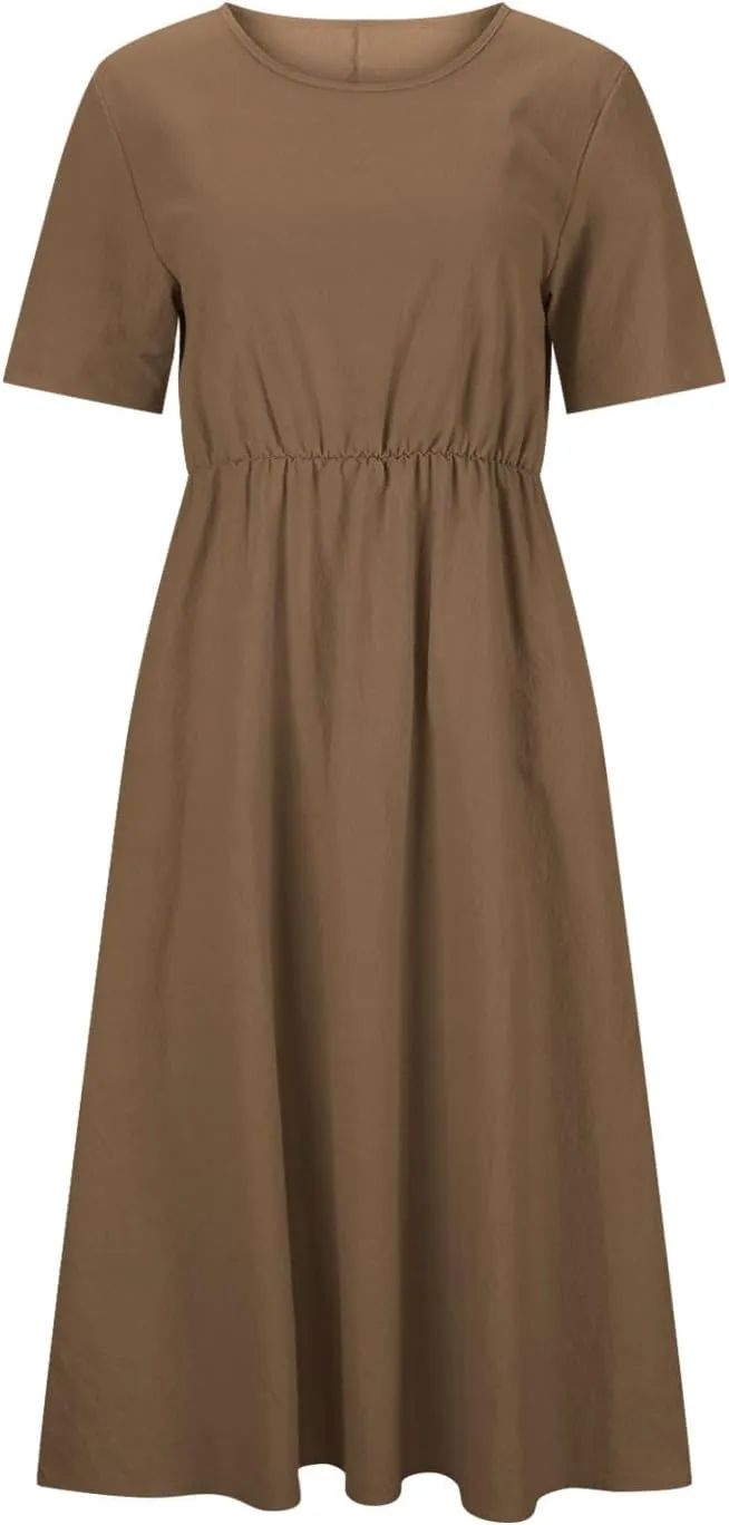 Women's Summer Solid Color Crewneck Casual Dresses Adjustable Waist Pockets Short Sleeve A-Line Dress