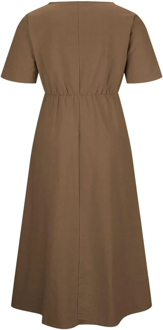 Women's Summer Solid Color Crewneck Casual Dresses Adjustable Waist Pockets Short Sleeve A-Line Dress