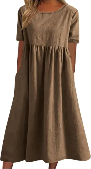 Women's Summer Solid Color Crewneck Casual Dresses Adjustable Waist Pockets Short Sleeve A-Line Dress