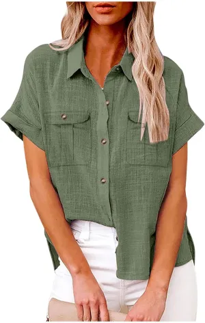 Womens Summer Tops V Neck Button Down Shirts Casual Trendy Business Basic Tees Ladies Daily Going Out Blouses
