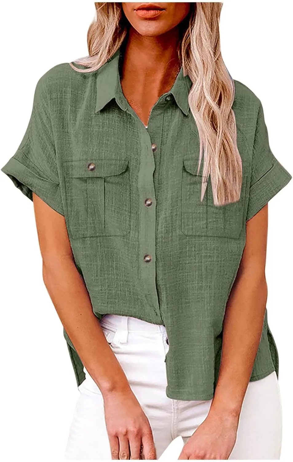 Womens Summer Tops V Neck Button Down Shirts Casual Trendy Business Basic Tees Ladies Daily Going Out Blouses