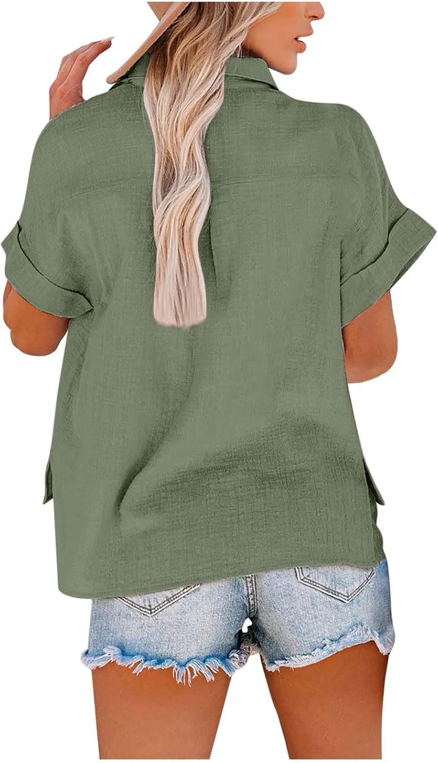 Womens Summer Tops V Neck Button Down Shirts Casual Trendy Business Basic Tees Ladies Daily Going Out Blouses
