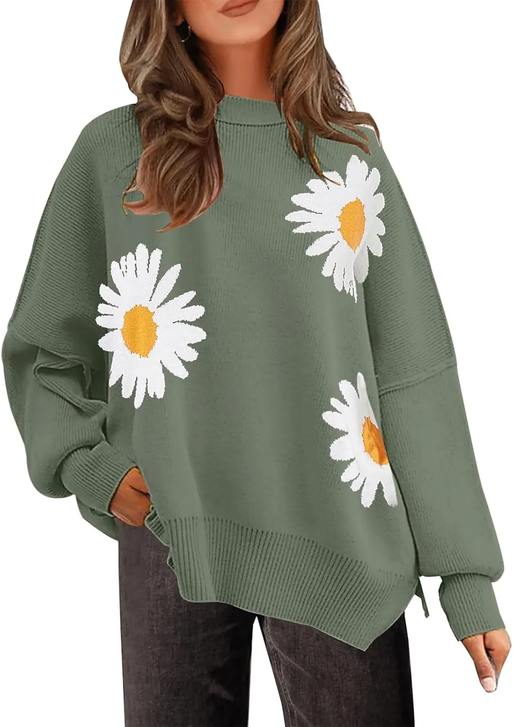 Womens Sweaters Causal Crewneck Batwing Sleeve Knit Top Side Split Oversized Pullover Sweater Loose Jumper