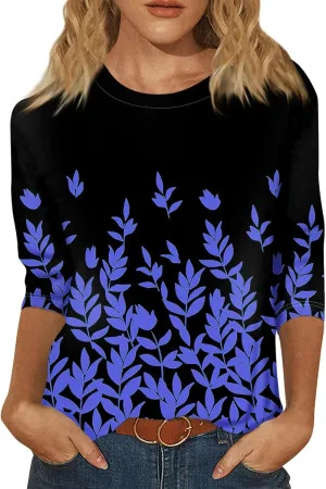 Womens Tops Trendy Summer 3/4 Sleeve Shirts Casual Floral Print Blouses Round Neck Cute Tunic Tops Plus Size S-5XL