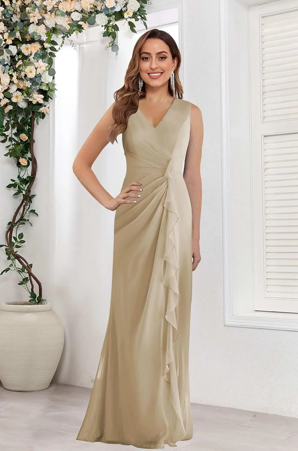 Women's V Neck Mother of The Bride Dress with Shawl Chiffon Ruffle Long Formal Wedding Guest Party Gowns