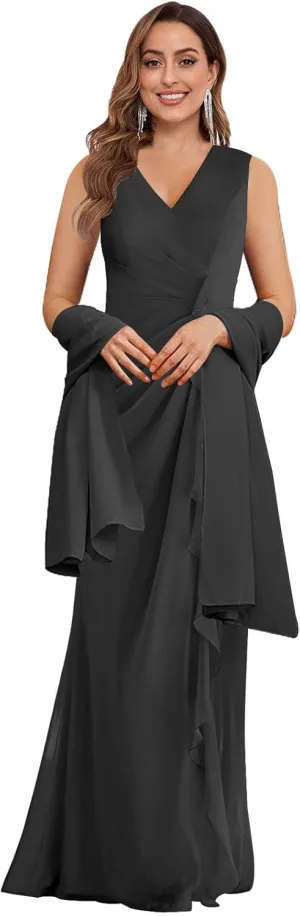 Women's V Neck Mother of The Bride Dress with Shawl Chiffon Ruffle Long Formal Wedding Guest Party Gowns