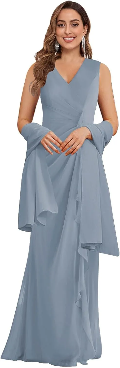 Women's V Neck Mother of The Bride Dress with Shawl Chiffon Ruffle Long Formal Wedding Guest Party Gowns
