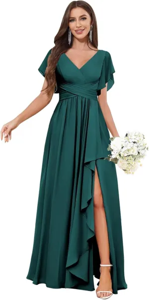 Women's V-Neck Teal Long Bridesmaid Dresses with Sleeves A-line Chiffon Ruched Formal Evening Gowns Size 0