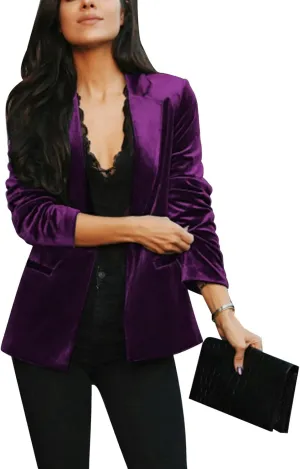 Women's Velvet Suit Blazer Jacket Casual Office Work Long Sleeve Button Pockets Tailored Jacket Coat Blazer