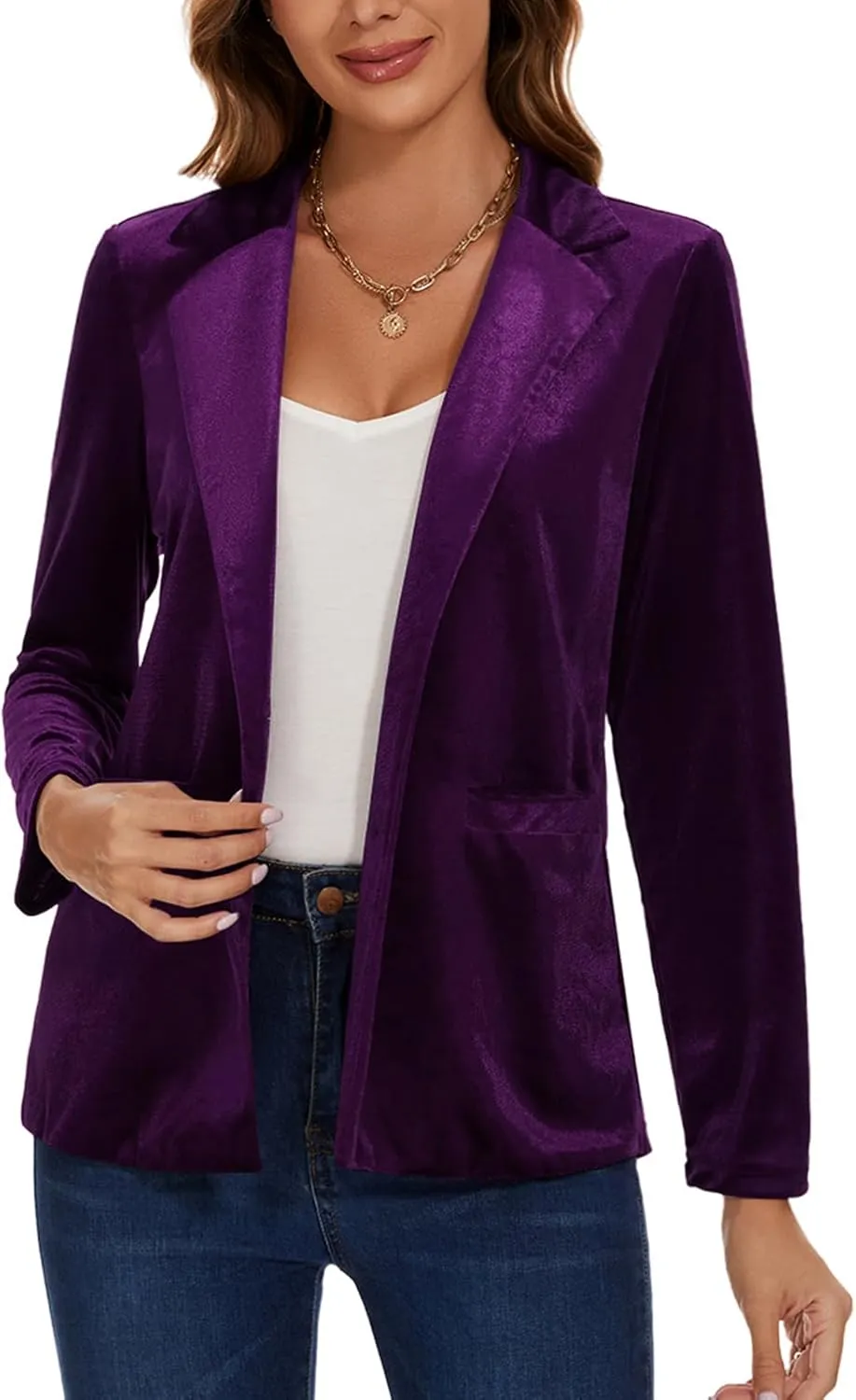 Women's Velvet Suit Blazer Jacket Casual Office Work Long Sleeve Button Pockets Tailored Jacket Coat Blazer