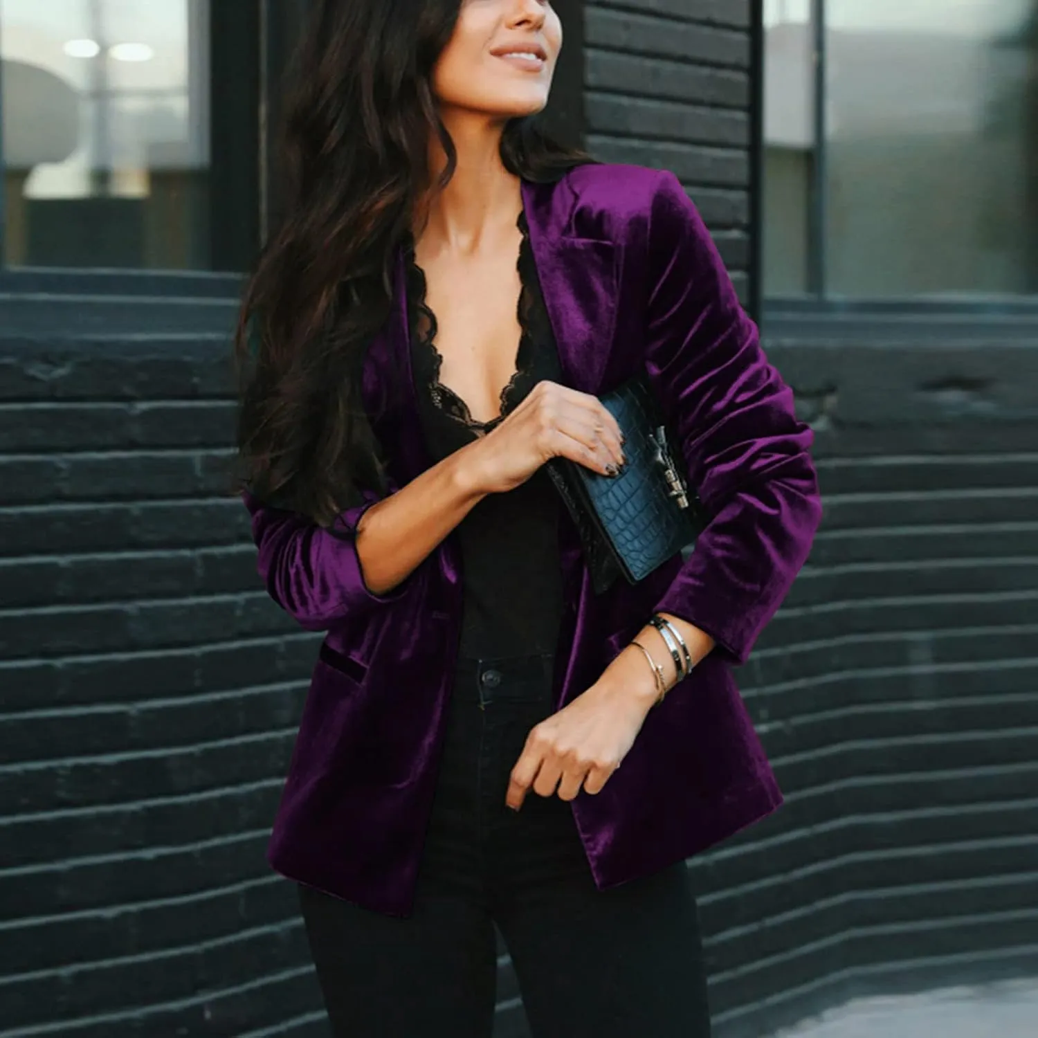 Women's Velvet Suit Blazer Jacket Casual Office Work Long Sleeve Button Pockets Tailored Jacket Coat Blazer