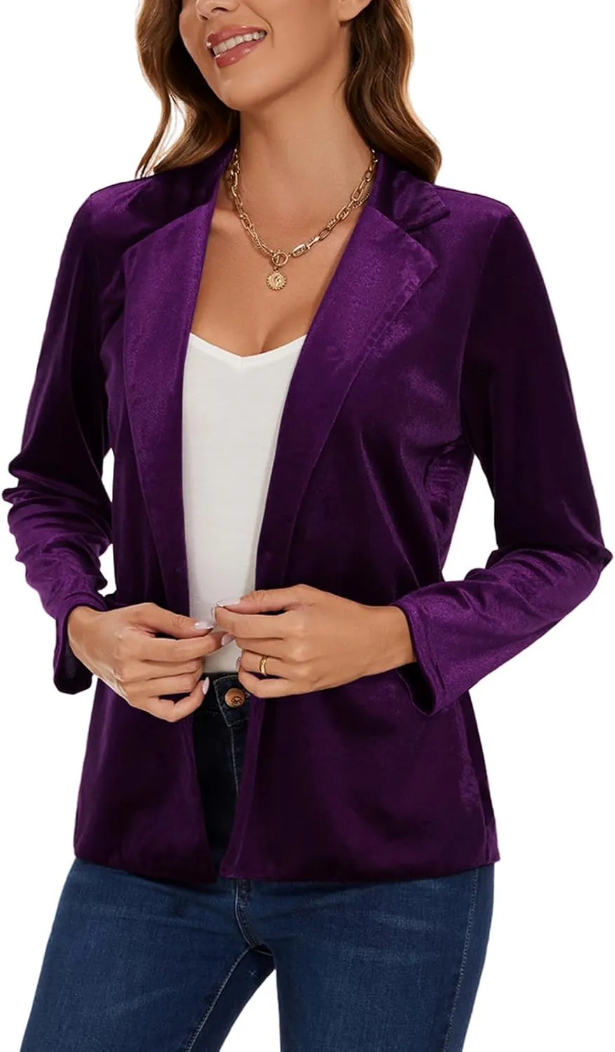 Women's Velvet Suit Blazer Jacket Casual Office Work Long Sleeve Button Pockets Tailored Jacket Coat Blazer