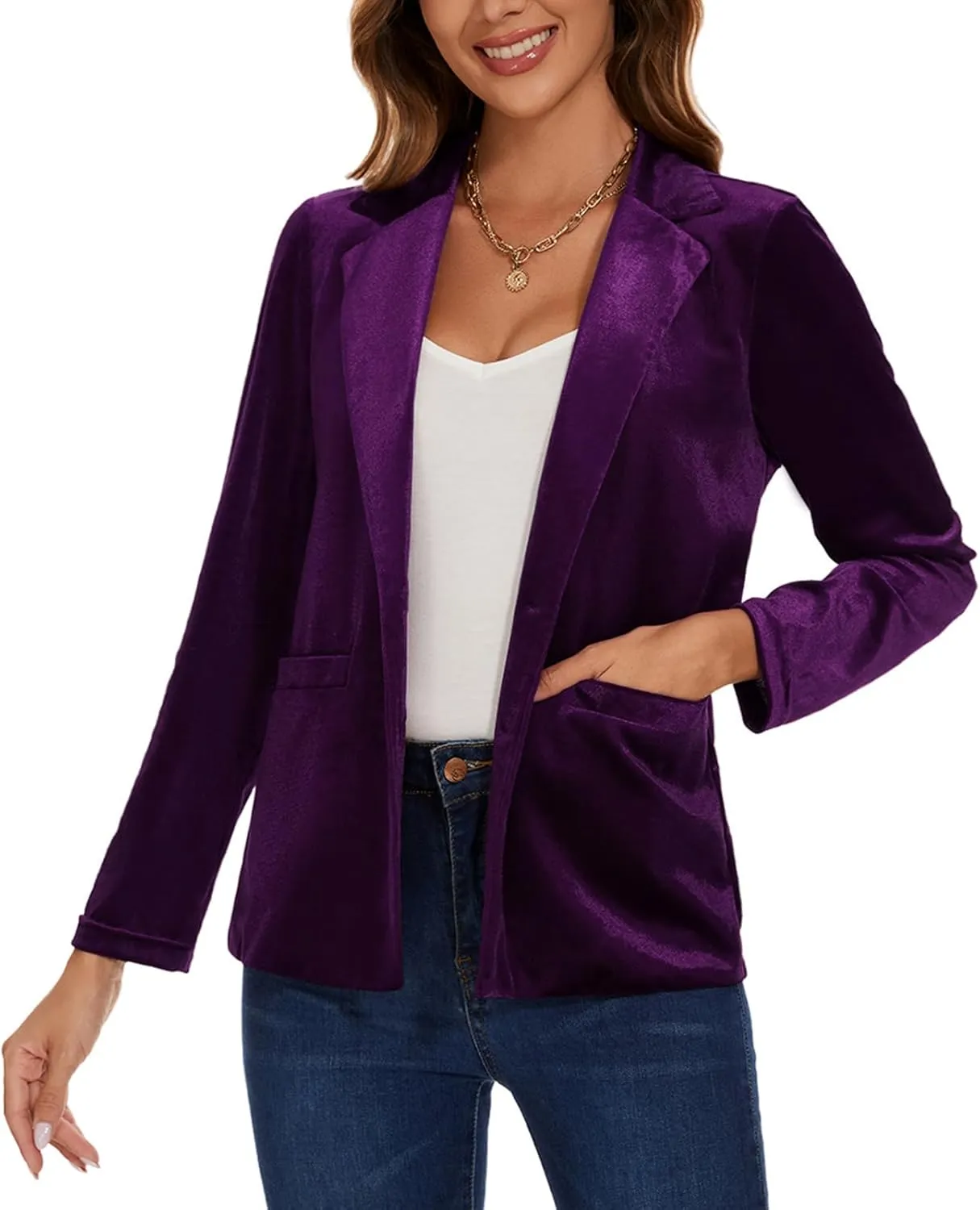 Women's Velvet Suit Blazer Jacket Casual Office Work Long Sleeve Button Pockets Tailored Jacket Coat Blazer