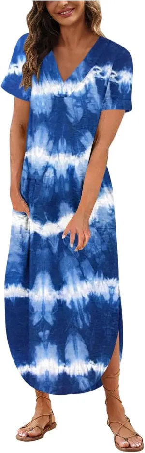 Womens Vintage Boho Sundress Casual V-Neck Short Sleeve Spring Summer Dresses Floral Printed Fashion Midi Dress