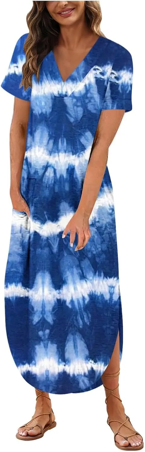 Womens Vintage Boho Sundress Casual V-Neck Short Sleeve Spring Summer Dresses Floral Printed Fashion Midi Dress