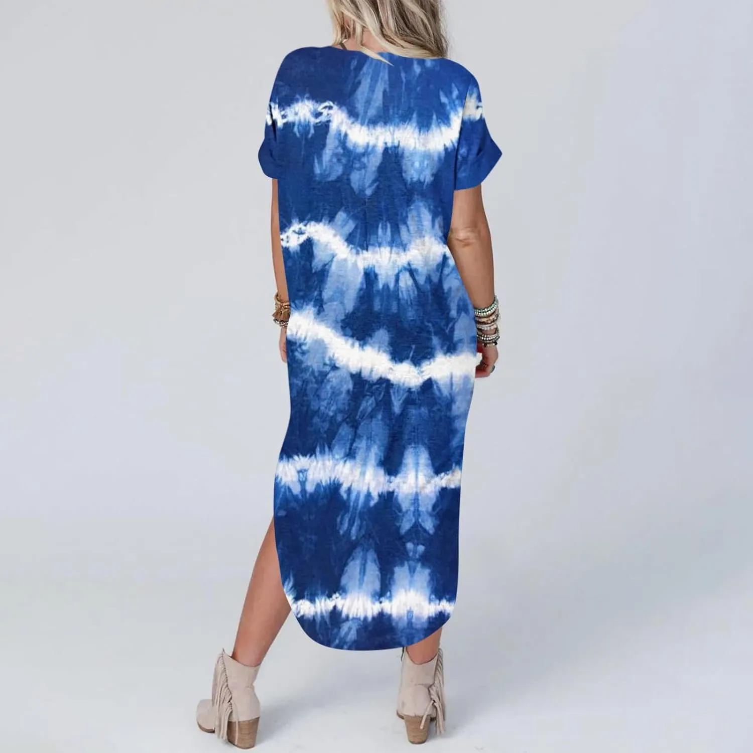 Womens Vintage Boho Sundress Casual V-Neck Short Sleeve Spring Summer Dresses Floral Printed Fashion Midi Dress
