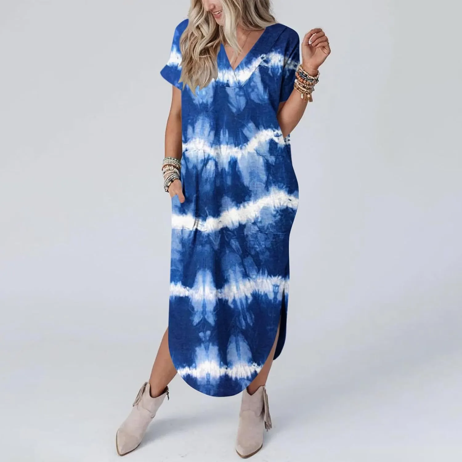 Womens Vintage Boho Sundress Casual V-Neck Short Sleeve Spring Summer Dresses Floral Printed Fashion Midi Dress