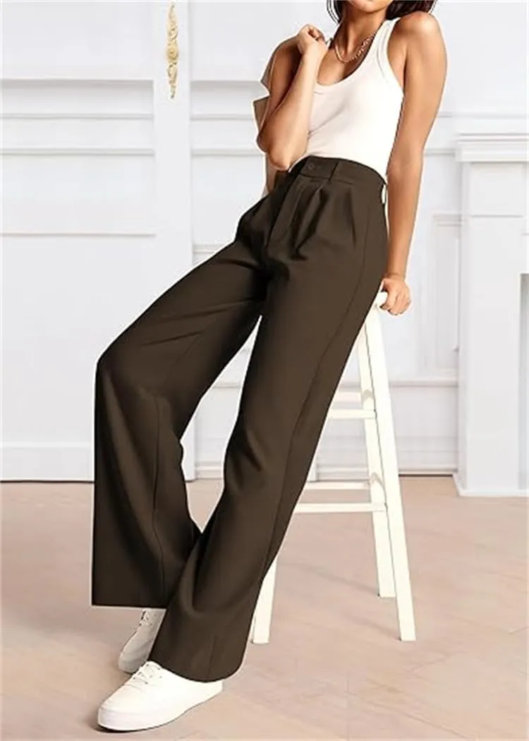 Women's Wide Leg Pants Business, Loose Casual Dress Pants,for Women High Waist Office Business Casual Trousers Pants (Brown,L)
