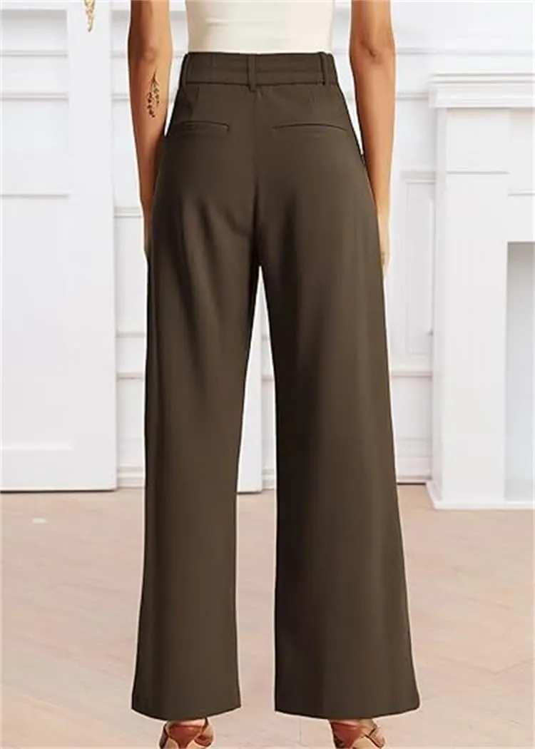 Women's Wide Leg Pants Business, Loose Casual Dress Pants,for Women High Waist Office Business Casual Trousers Pants (Brown,L)