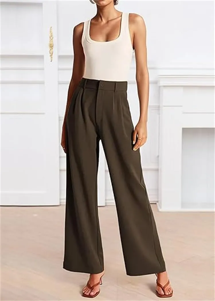 Women's Wide Leg Pants Business, Loose Casual Dress Pants,for Women High Waist Office Business Casual Trousers Pants (Brown,L)