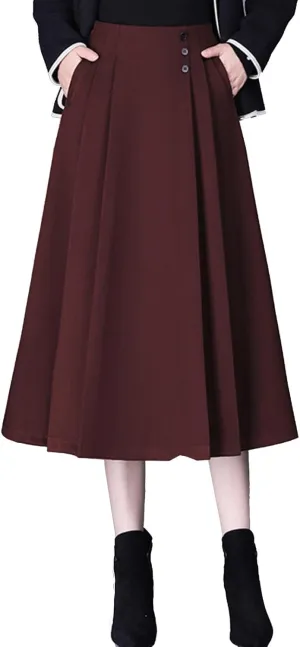 Women's Wool Skirt with Pockets Fall Winter Solid Color High Waisted Pleated A Line Midi Skirts