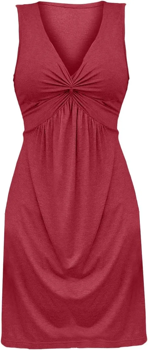 XOWRTE Women's V Neck Front Knotted Sleeveless Tank Dress Casual Summer A Line Sundress Beach Party Tunic Bodycon Dresses