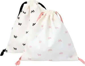 yueton 2PCS Fashion Bow Drawstring Makeup Bags Sweet Pink Bow Cosmetic Bag Canvas Cosmetic Storage Bag Cute Bags for Home Travel