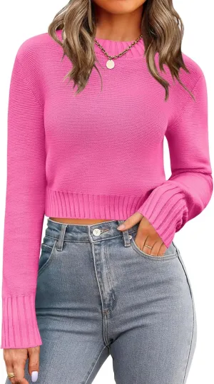 Zeagoo Women's 2025 Fall Crewneck Cropped Sweater Trendy Long Sleeve Ribbed Knit Pullover Jumper Tops