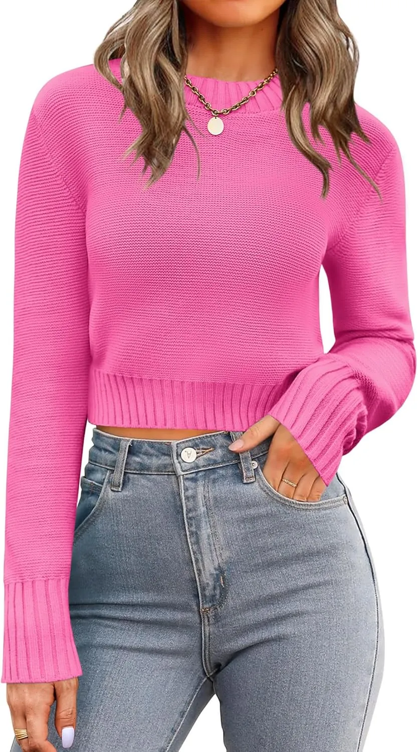Zeagoo Women's 2025 Fall Crewneck Cropped Sweater Trendy Long Sleeve Ribbed Knit Pullover Jumper Tops