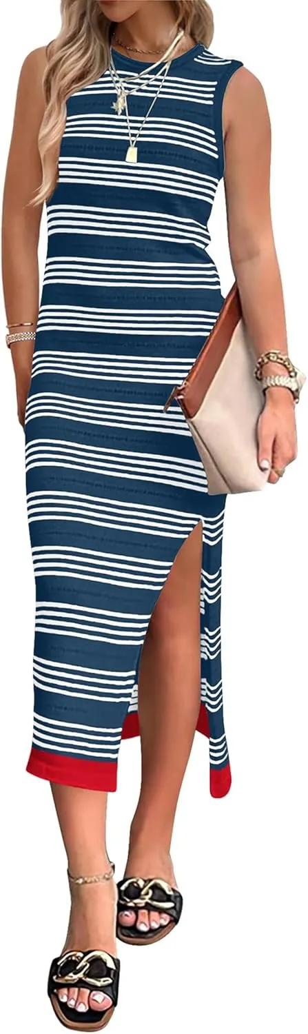Zeagoo Womens Bodycon Midi Dresses Summer Casual Sleeveless Dress Women Knit Side Slit Striped 2025 Long Tank Dress
