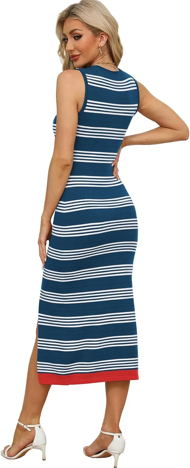 Zeagoo Womens Bodycon Midi Dresses Summer Casual Sleeveless Dress Women Knit Side Slit Striped 2025 Long Tank Dress