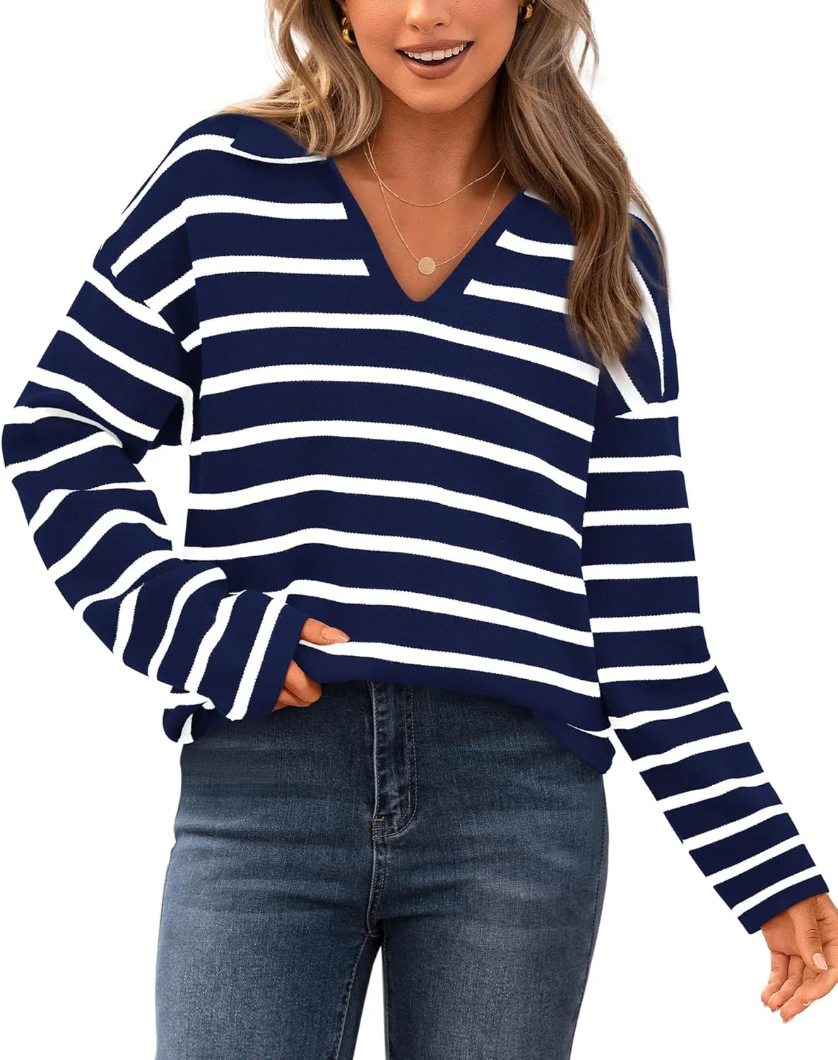 Zenlonr Women's Casual Striped Sweater 2024 Fall Winter Long Sleeve V Neck Knit Pullover Jumper Tops