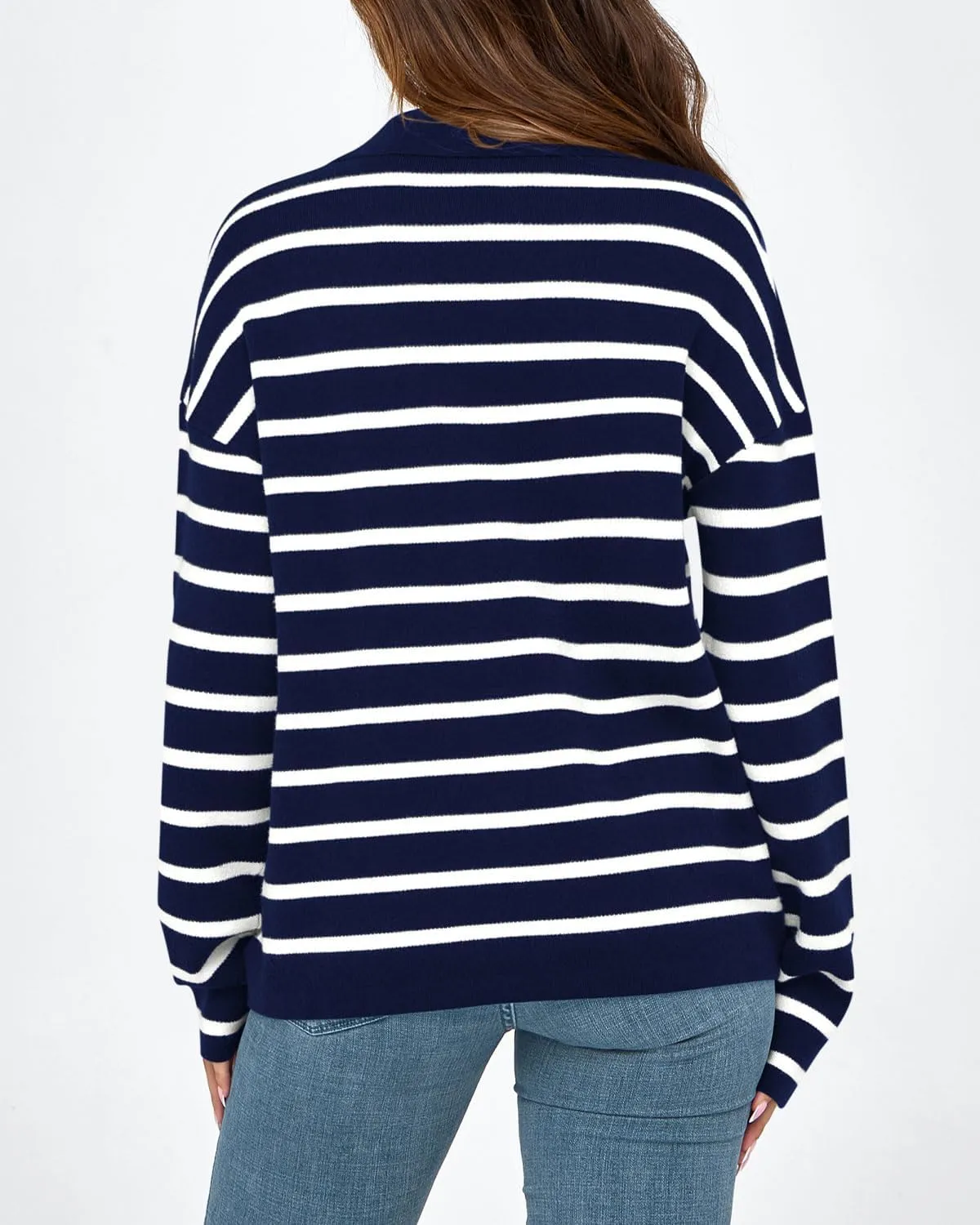 Zenlonr Women's Casual Striped Sweater 2024 Fall Winter Long Sleeve V Neck Knit Pullover Jumper Tops