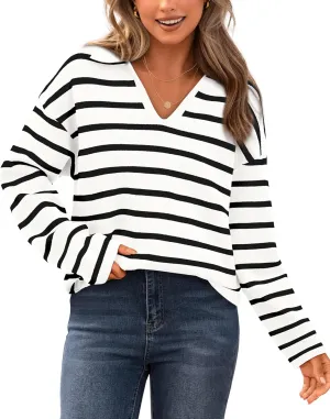Zenlonr Women's Casual Striped Sweater 2024 Fall Winter Long Sleeve V Neck Knit Pullover Jumper Tops