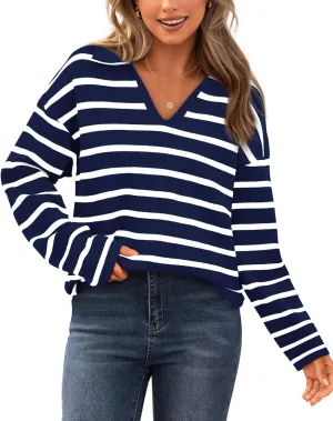 Zenlonr Women's Casual Striped Sweater 2024 Fall Winter Long Sleeve V Neck Knit Pullover Jumper Tops