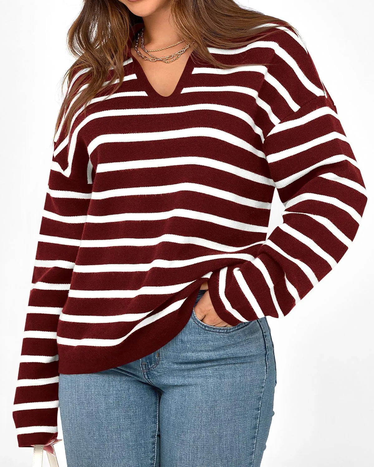 Zenlonr Women's Casual Striped Sweater 2024 Fall Winter Long Sleeve V Neck Knit Pullover Jumper Tops
