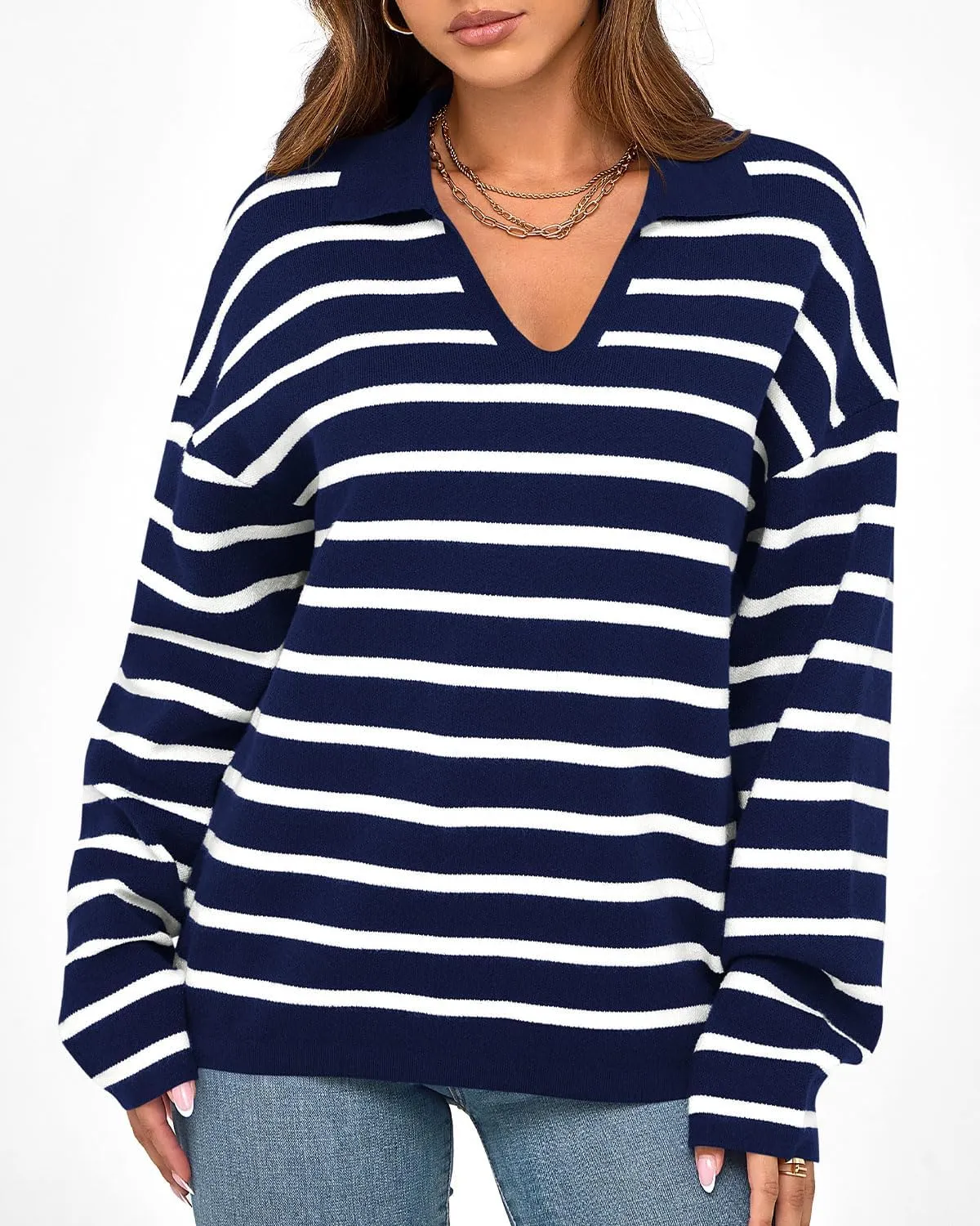 Zenlonr Women's Casual Striped Sweater 2024 Fall Winter Long Sleeve V Neck Knit Pullover Jumper Tops
