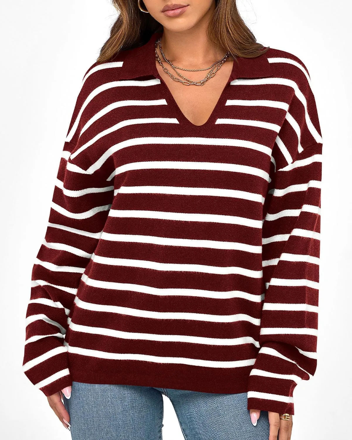 Zenlonr Women's Casual Striped Sweater 2024 Fall Winter Long Sleeve V Neck Knit Pullover Jumper Tops