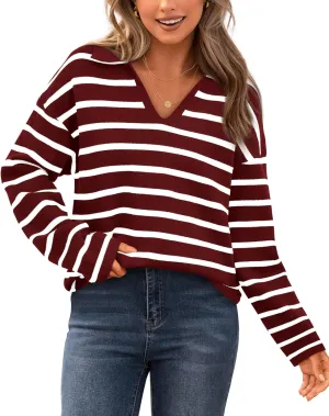 Zenlonr Women's Casual Striped Sweater 2024 Fall Winter Long Sleeve V Neck Knit Pullover Jumper Tops