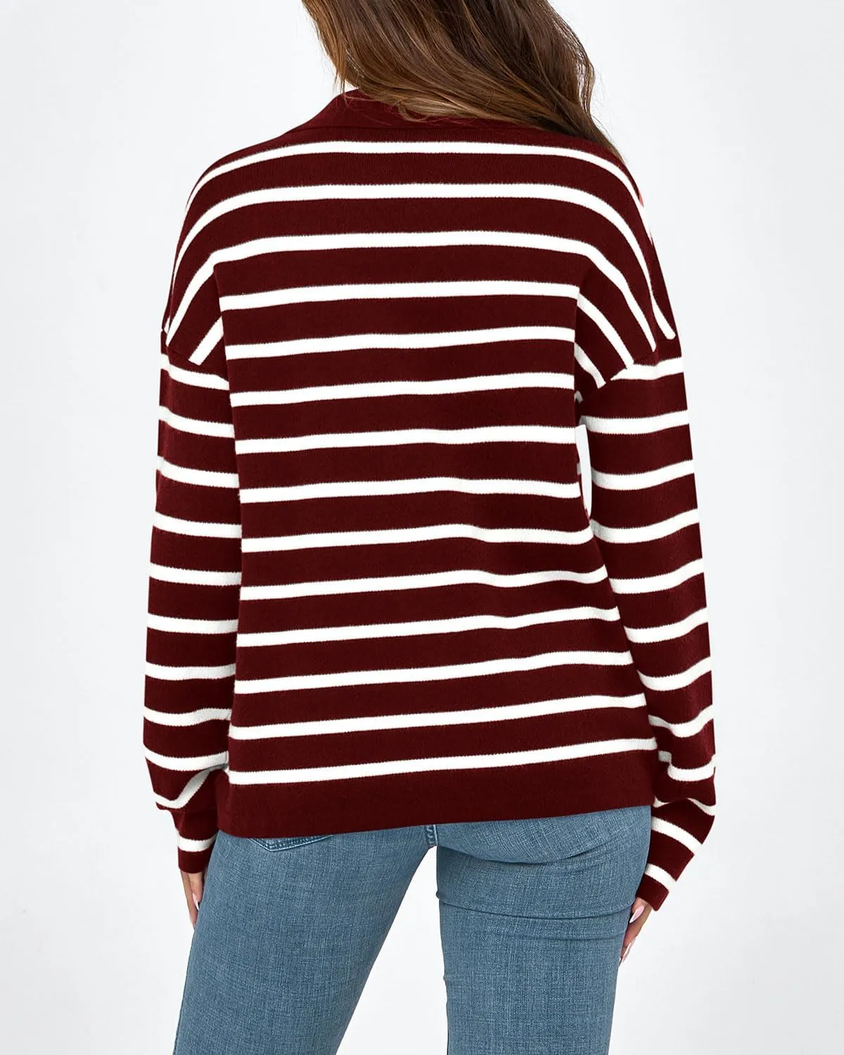 Zenlonr Women's Casual Striped Sweater 2024 Fall Winter Long Sleeve V Neck Knit Pullover Jumper Tops