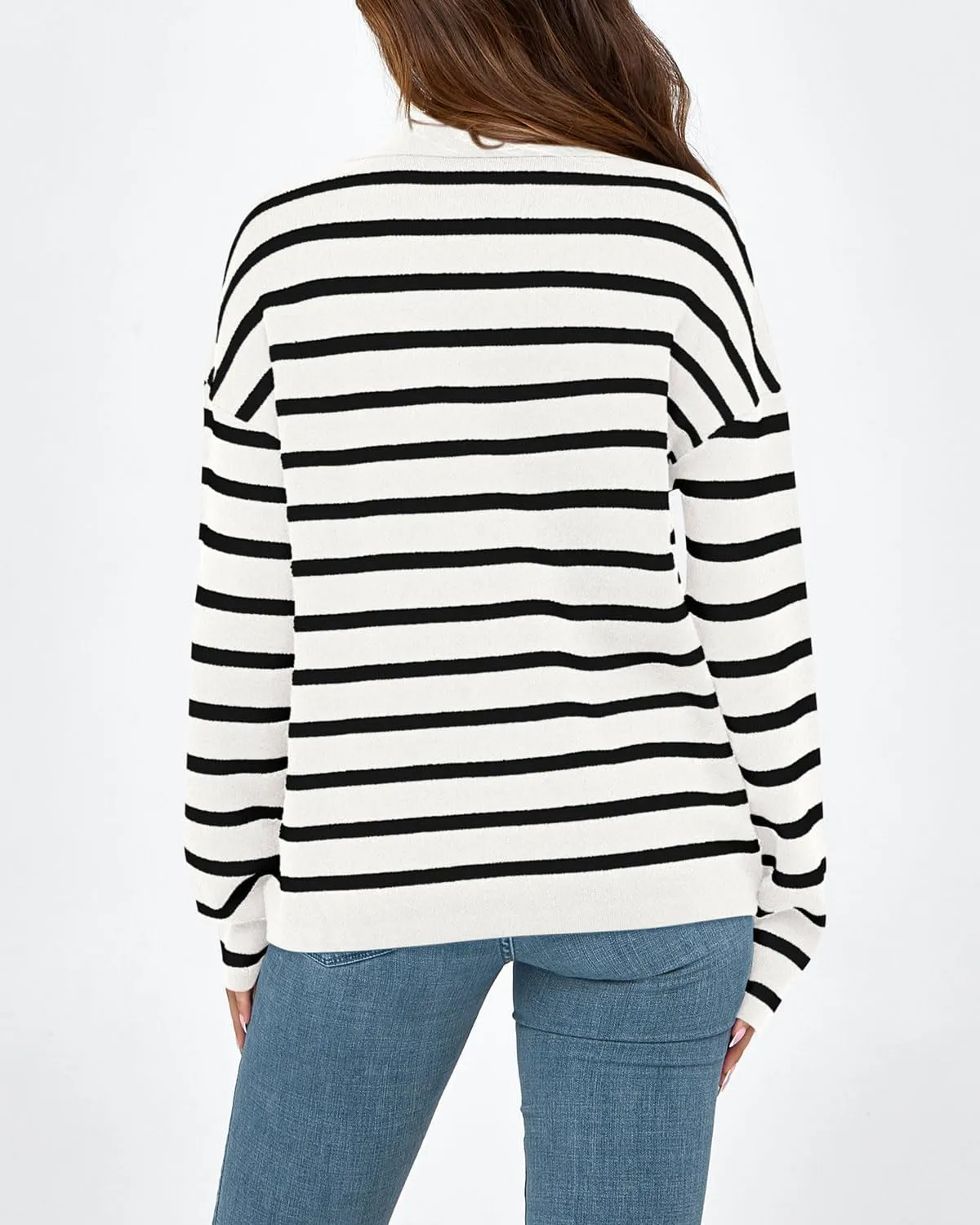Zenlonr Women's Casual Striped Sweater 2024 Fall Winter Long Sleeve V Neck Knit Pullover Jumper Tops