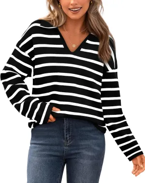 Zenlonr Women's Casual Striped Sweater 2024 Fall Winter Long Sleeve V Neck Knit Pullover Jumper Tops