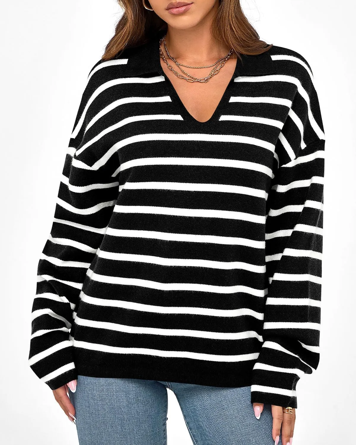 Zenlonr Women's Casual Striped Sweater 2024 Fall Winter Long Sleeve V Neck Knit Pullover Jumper Tops