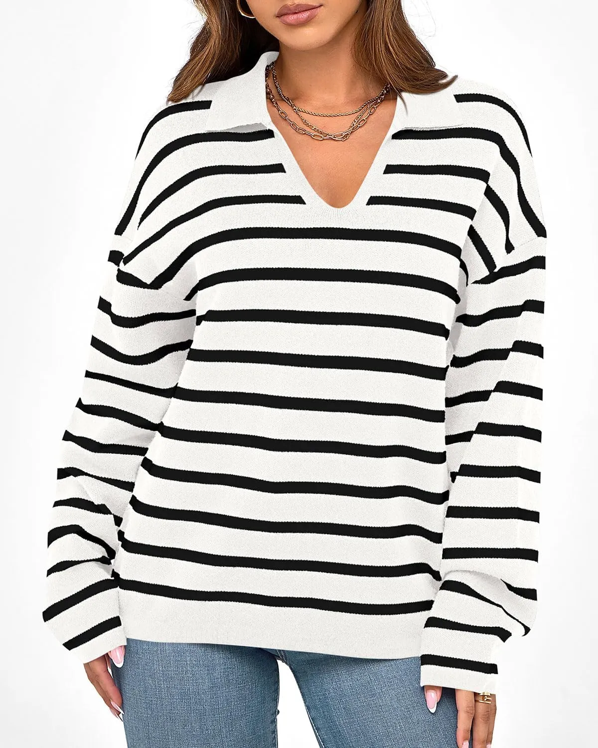 Zenlonr Women's Casual Striped Sweater 2024 Fall Winter Long Sleeve V Neck Knit Pullover Jumper Tops
