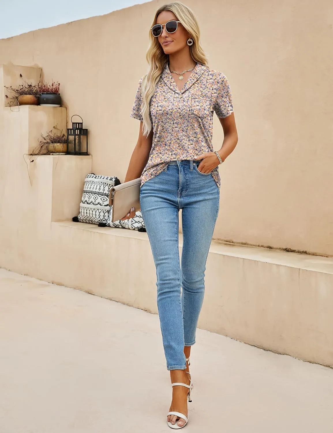 ZHENWEI Womens Short Sleeve Polo Shirts Business Casual V Neck Collared Tops Dressy Work Tunic Blouses with Pocket