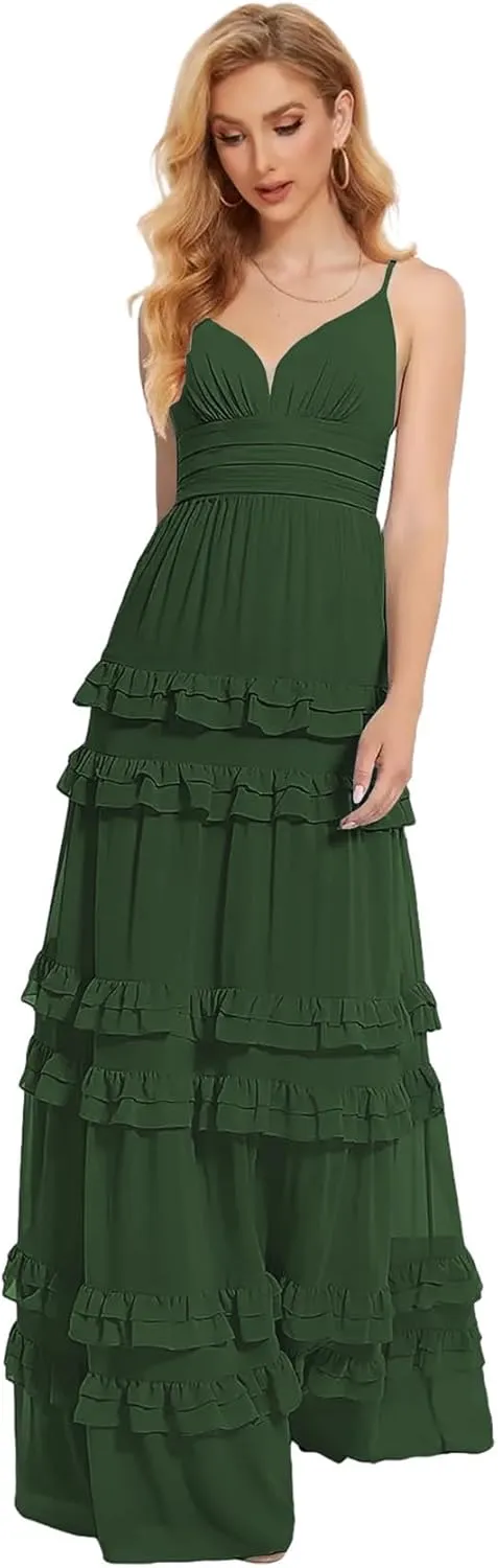 Zoghoo Spaghetti Straps Bridesmaid Dresses Long Formal Wedding Guest Dress Chiffon Layered Evening Gowns for Women