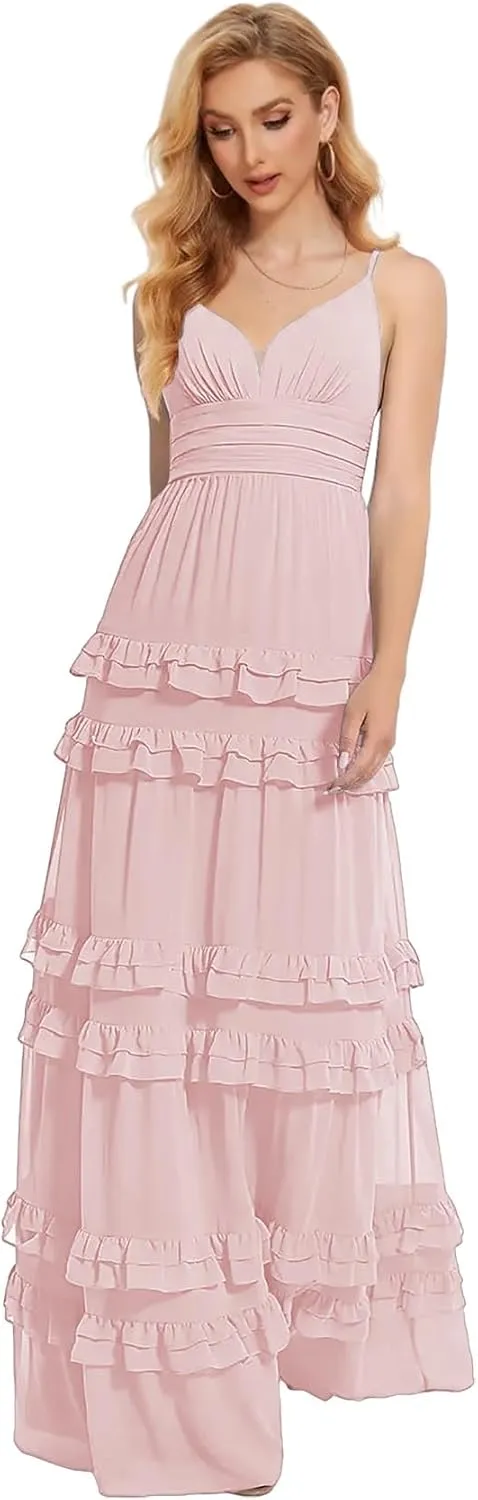 Zoghoo Spaghetti Straps Bridesmaid Dresses Long Formal Wedding Guest Dress Chiffon Layered Evening Gowns for Women