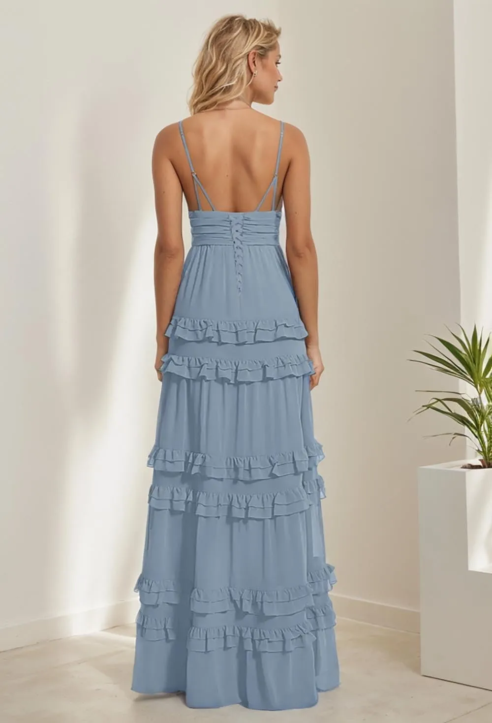 Zoghoo Spaghetti Straps Bridesmaid Dresses Long Formal Wedding Guest Dress Chiffon Layered Evening Gowns for Women