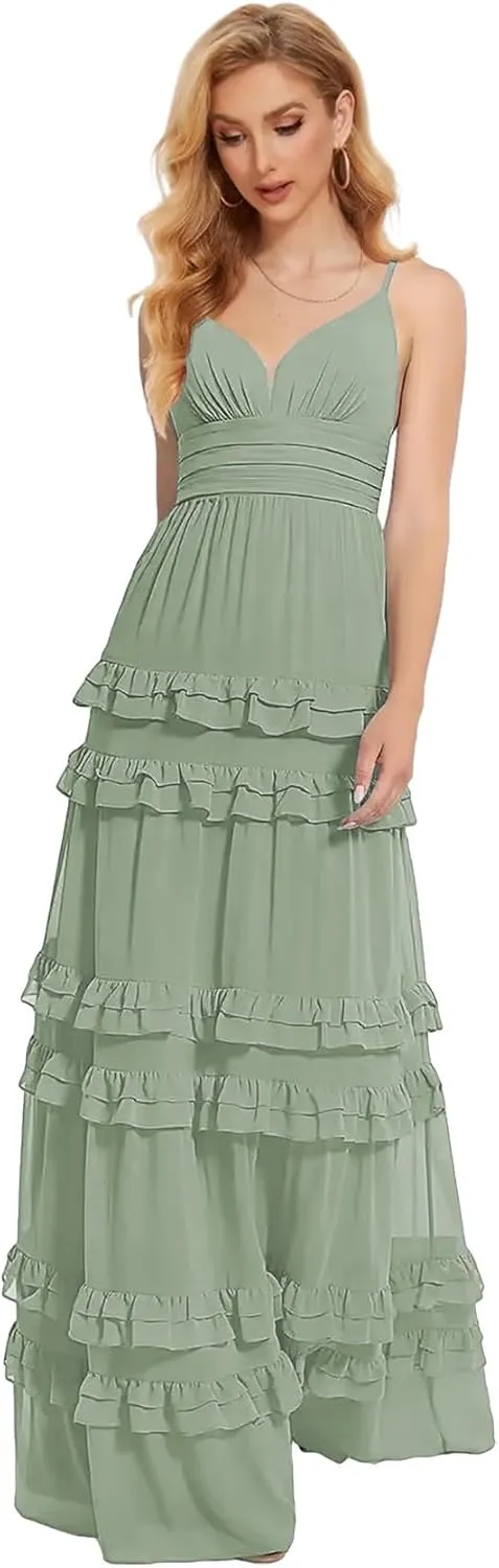 Zoghoo Spaghetti Straps Bridesmaid Dresses Long Formal Wedding Guest Dress Chiffon Layered Evening Gowns for Women